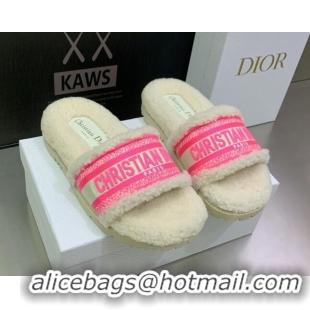 Durable Dior Dway Flat Slide Sandals in Embroidered Cotton and Shearling White/Bright Pink 080952