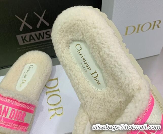 Durable Dior Dway Flat Slide Sandals in Embroidered Cotton and Shearling White/Bright Pink 080952