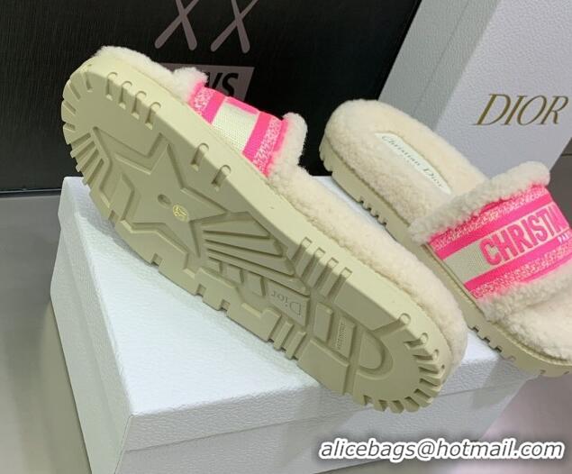 Durable Dior Dway Flat Slide Sandals in Embroidered Cotton and Shearling White/Bright Pink 080952