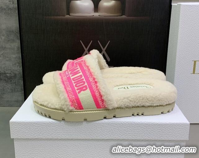 Durable Dior Dway Flat Slide Sandals in Embroidered Cotton and Shearling White/Bright Pink 080952