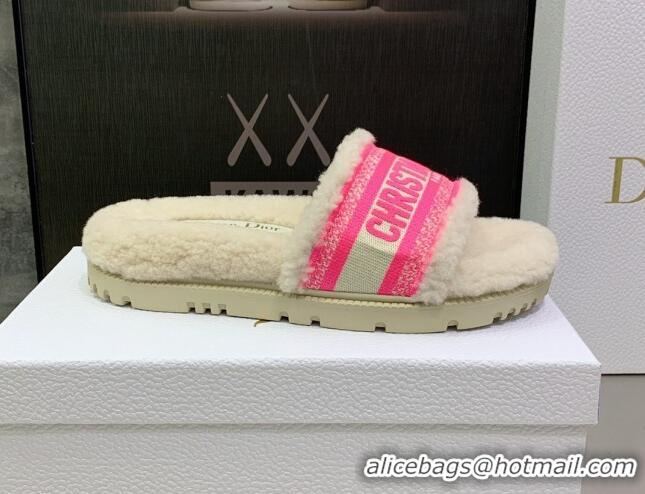 Durable Dior Dway Flat Slide Sandals in Embroidered Cotton and Shearling White/Bright Pink 080952