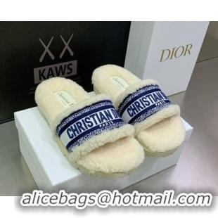 Classic Hot Dior Dway Flat Slide Sandals in Embroidered Cotton and Shearling White/Navy Blue 080953