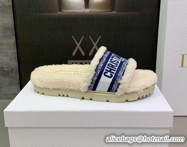 Classic Hot Dior Dway Flat Slide Sandals in Embroidered Cotton and Shearling White/Navy Blue 080953