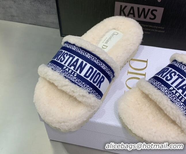 Classic Hot Dior Dway Flat Slide Sandals in Embroidered Cotton and Shearling White/Navy Blue 080953