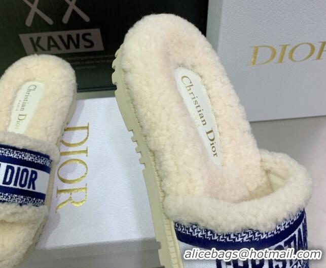 Classic Hot Dior Dway Flat Slide Sandals in Embroidered Cotton and Shearling White/Navy Blue 080953