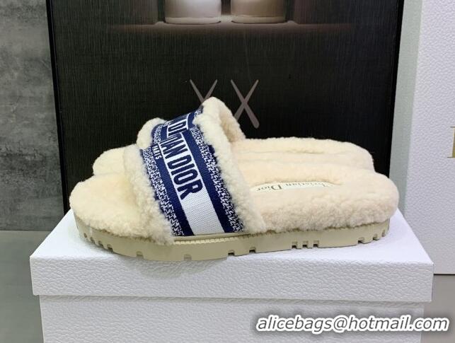 Classic Hot Dior Dway Flat Slide Sandals in Embroidered Cotton and Shearling White/Navy Blue 080953