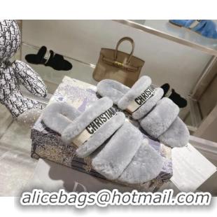 Trendy Design Dior Chez Moi Slide Sandals in Embroidered Cotton and White Shearling Grey 080954