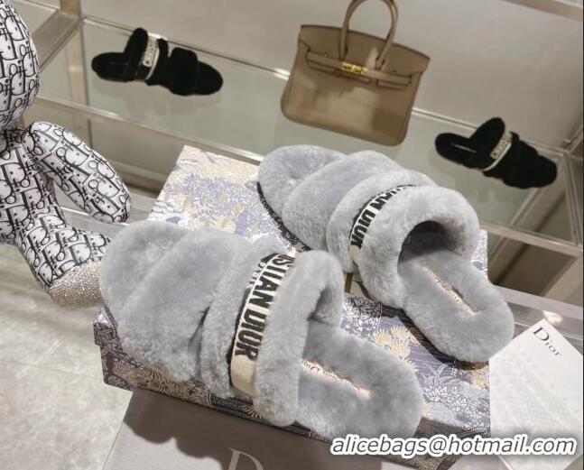 Trendy Design Dior Chez Moi Slide Sandals in Embroidered Cotton and White Shearling Grey 080954