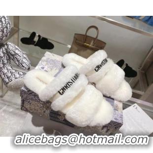 Buy Discount Dior Chez Moi Slide Sandals in Embroidered Cotton and White Shearling White 080955