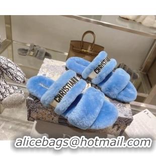 Low Price Dior Chez Moi Slide Sandals in Embroidered Cotton and White Shearling Blue 080956