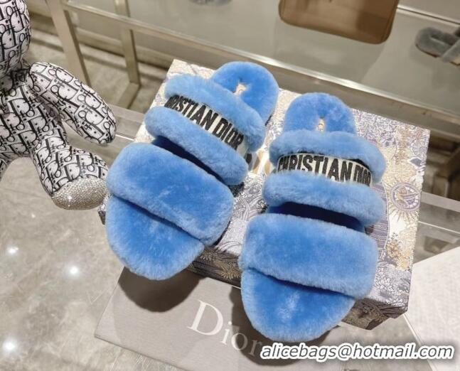 Low Price Dior Chez Moi Slide Sandals in Embroidered Cotton and White Shearling Blue 080956