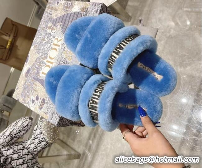 Low Price Dior Chez Moi Slide Sandals in Embroidered Cotton and White Shearling Blue 080956