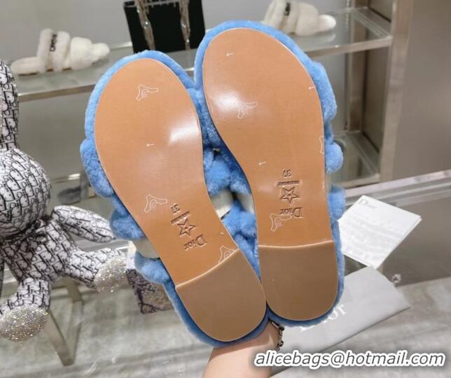 Low Price Dior Chez Moi Slide Sandals in Embroidered Cotton and White Shearling Blue 080956