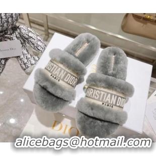 Good Quality Dior Chez Moi Slide Sandals in Embroidered Cotton and White Shearling Grey 080958