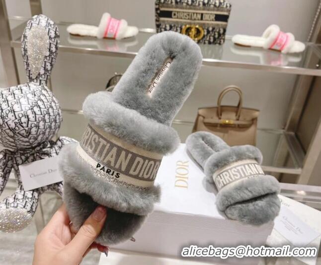 Good Quality Dior Chez Moi Slide Sandals in Embroidered Cotton and White Shearling Grey 080958