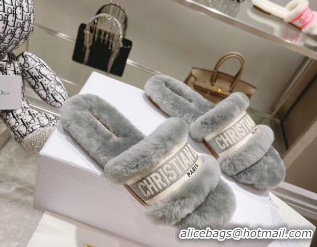 Good Quality Dior Chez Moi Slide Sandals in Embroidered Cotton and White Shearling Grey 080958