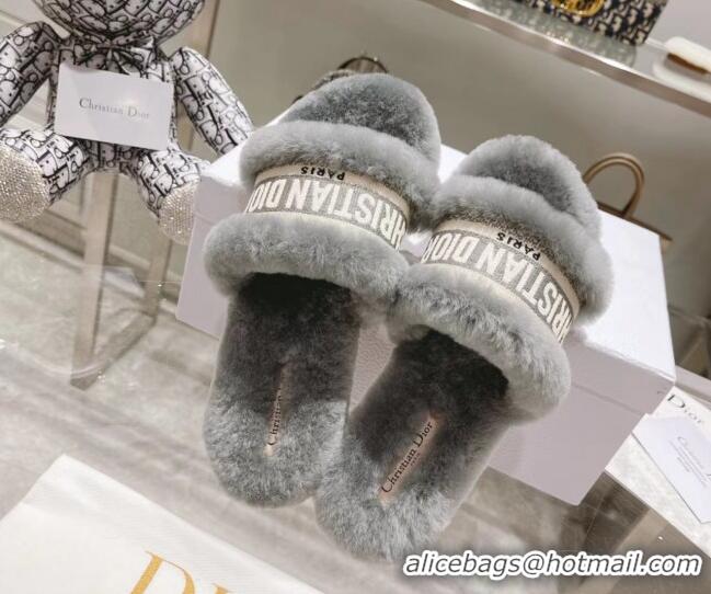 Good Quality Dior Chez Moi Slide Sandals in Embroidered Cotton and White Shearling Grey 080958