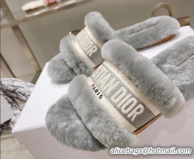 Good Quality Dior Chez Moi Slide Sandals in Embroidered Cotton and White Shearling Grey 080958