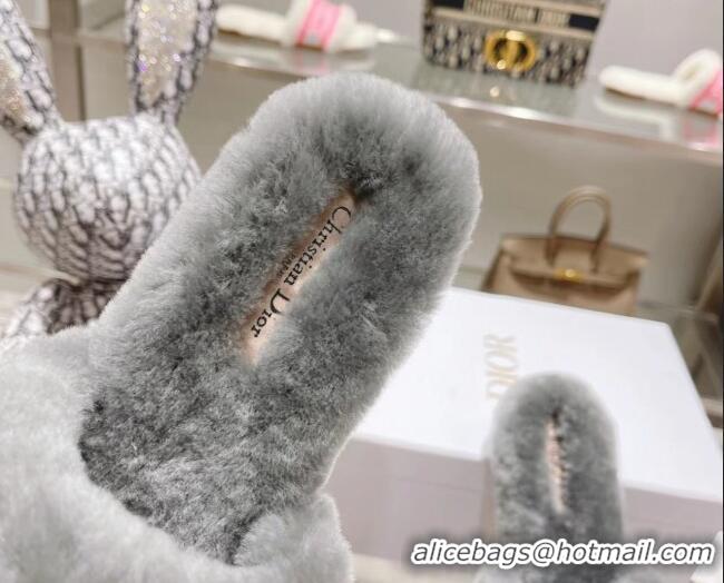 Good Quality Dior Chez Moi Slide Sandals in Embroidered Cotton and White Shearling Grey 080958