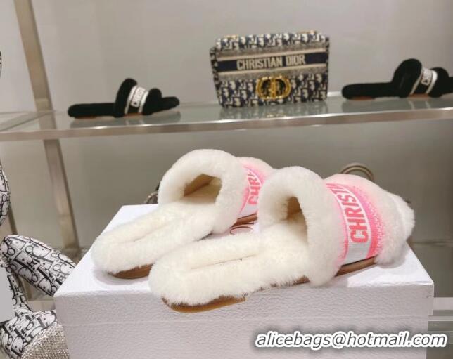 Best Price Dior Chez Moi Slide Sandals in Embroidered Cotton and White Shearling White 080959