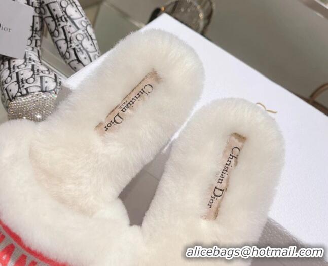 Best Price Dior Chez Moi Slide Sandals in Embroidered Cotton and White Shearling White 080959