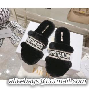 Best Product Dior Chez Moi Slide Sandals in Embroidered Cotton and White Shearling Black 080960