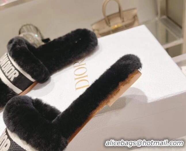 Best Product Dior Chez Moi Slide Sandals in Embroidered Cotton and White Shearling Black 080960