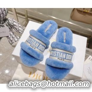 Grade Quality Dior Chez Moi Slide Sandals in Embroidered Cotton and White Shearling Blue 080961