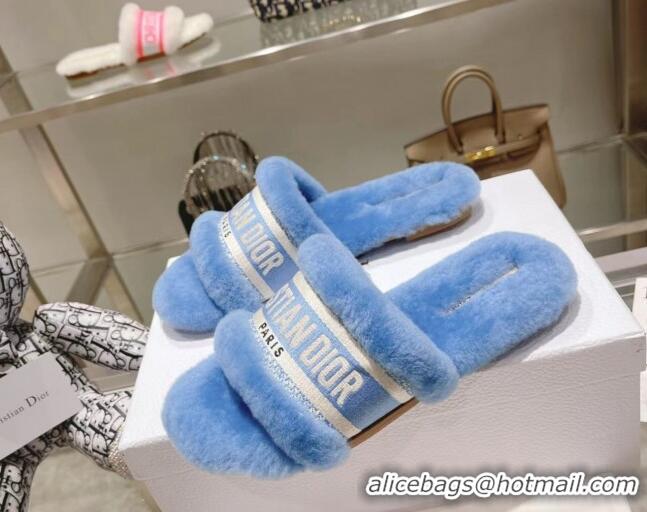 Grade Quality Dior Chez Moi Slide Sandals in Embroidered Cotton and White Shearling Blue 080961