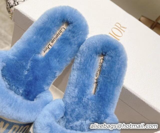 Grade Quality Dior Chez Moi Slide Sandals in Embroidered Cotton and White Shearling Blue 080961