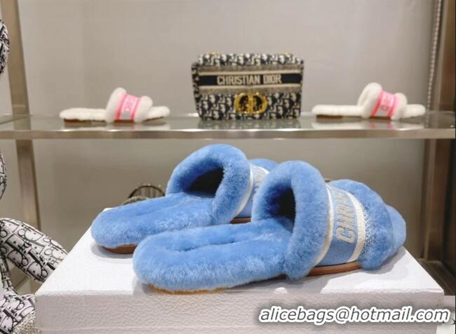 Grade Quality Dior Chez Moi Slide Sandals in Embroidered Cotton and White Shearling Blue 080961