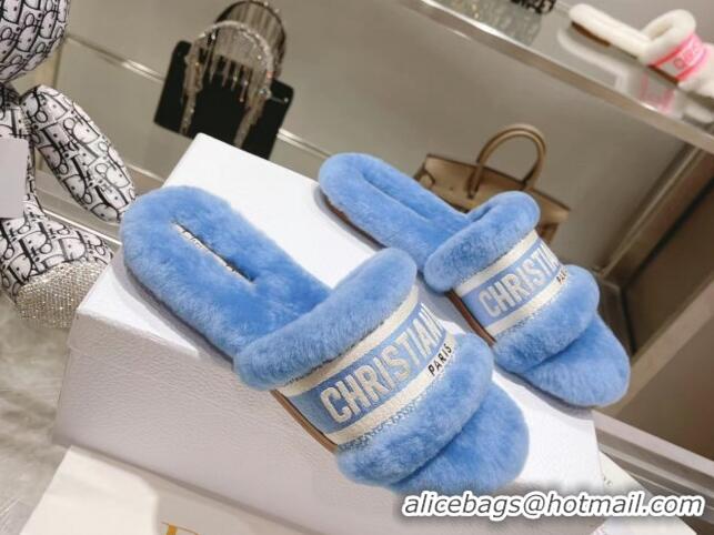 Grade Quality Dior Chez Moi Slide Sandals in Embroidered Cotton and White Shearling Blue 080961