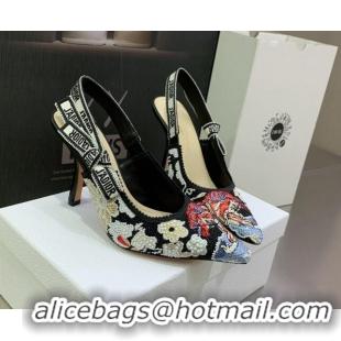 Unique Discount Dior J'Adior Slingback Pumps 9.5cm in Black Multicolor Embroidered Cotton with Toile de Jouy Pop Motif 0