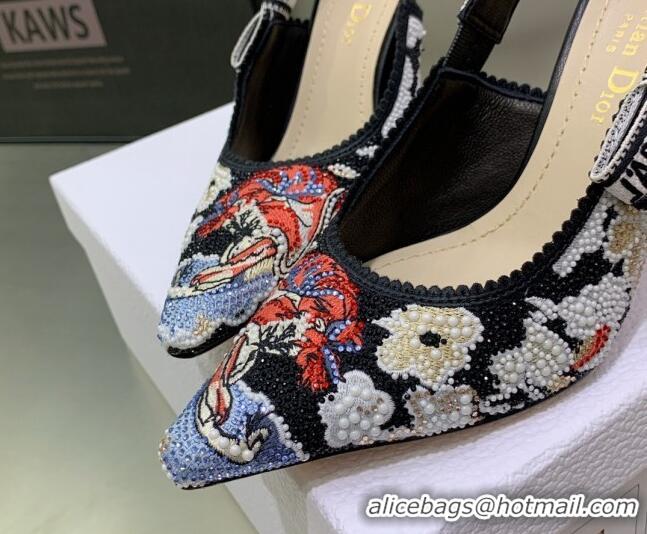 Unique Discount Dior J'Adior Slingback Pumps 9.5cm in Black Multicolor Embroidered Cotton with Toile de Jouy Pop Motif 0