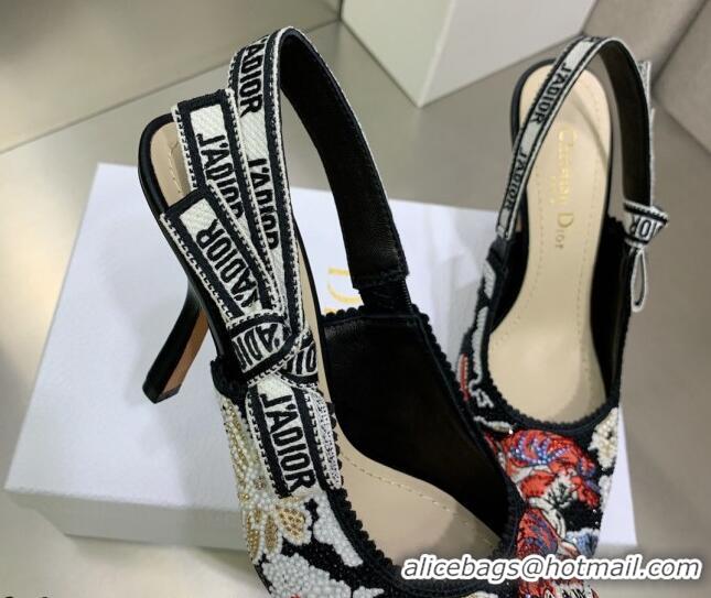 Unique Discount Dior J'Adior Slingback Pumps 9.5cm in Black Multicolor Embroidered Cotton with Toile de Jouy Pop Motif 0