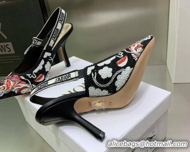 Unique Discount Dior J'Adior Slingback Pumps 9.5cm in Black Multicolor Embroidered Cotton with Toile de Jouy Pop Motif 0