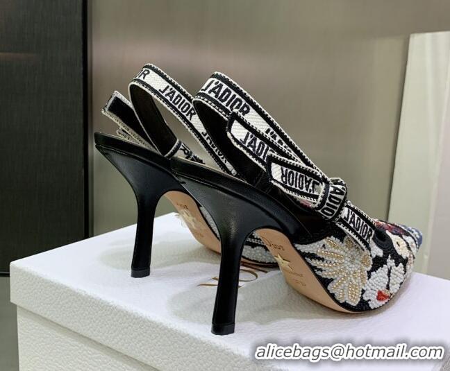 Unique Discount Dior J'Adior Slingback Pumps 9.5cm in Black Multicolor Embroidered Cotton with Toile de Jouy Pop Motif 0