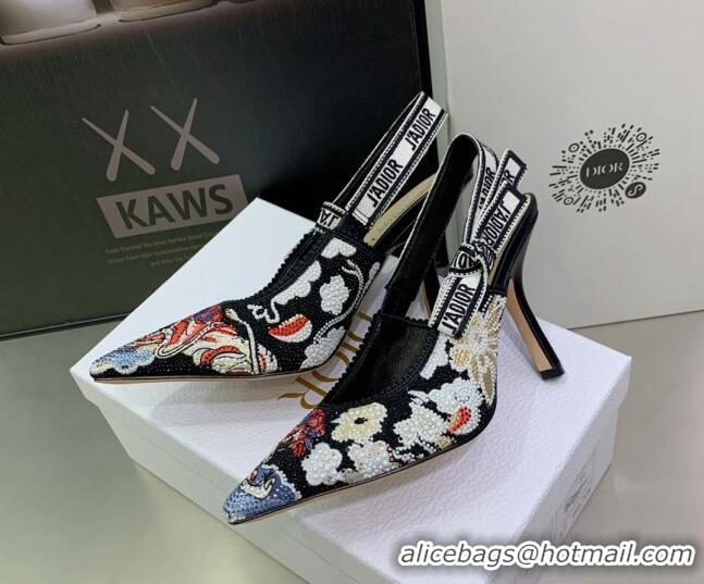 Unique Discount Dior J'Adior Slingback Pumps 9.5cm in Black Multicolor Embroidered Cotton with Toile de Jouy Pop Motif 0