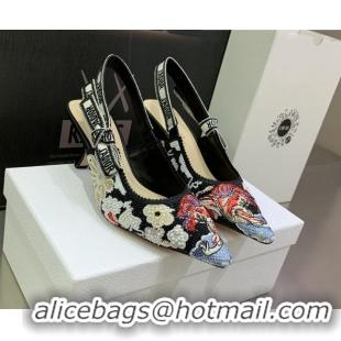 Best Grade Dior J'Adior Slingback Pumps 6.5cm in Black Multicolor Embroidered Cotton with Toile de Jouy Pop Motif 080963