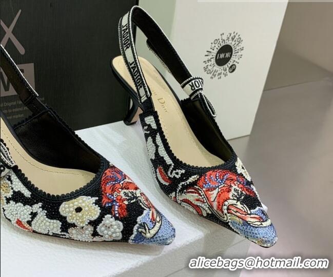 Best Grade Dior J'Adior Slingback Pumps 6.5cm in Black Multicolor Embroidered Cotton with Toile de Jouy Pop Motif 080963