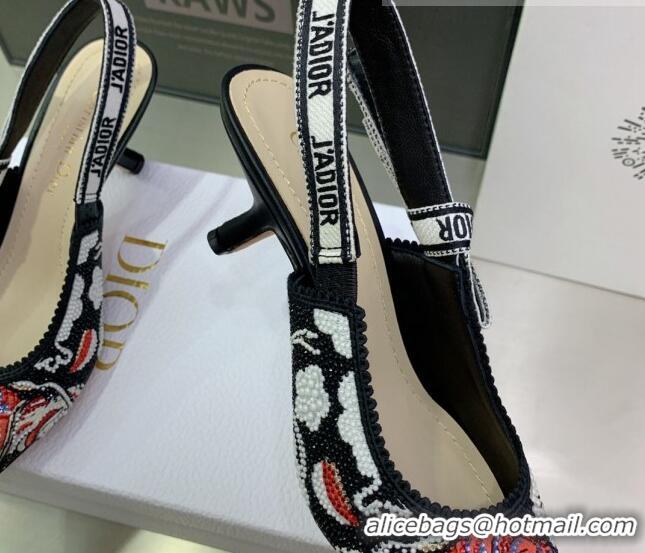 Best Grade Dior J'Adior Slingback Pumps 6.5cm in Black Multicolor Embroidered Cotton with Toile de Jouy Pop Motif 080963