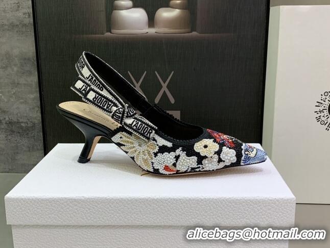 Best Grade Dior J'Adior Slingback Pumps 6.5cm in Black Multicolor Embroidered Cotton with Toile de Jouy Pop Motif 080963