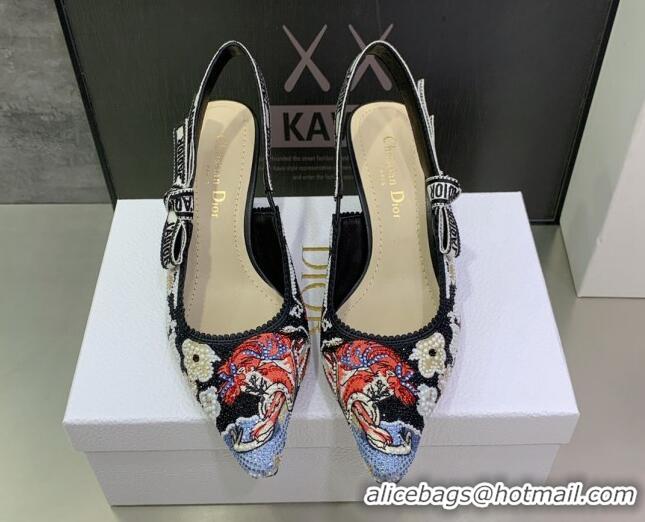 Best Grade Dior J'Adior Slingback Pumps 6.5cm in Black Multicolor Embroidered Cotton with Toile de Jouy Pop Motif 080963