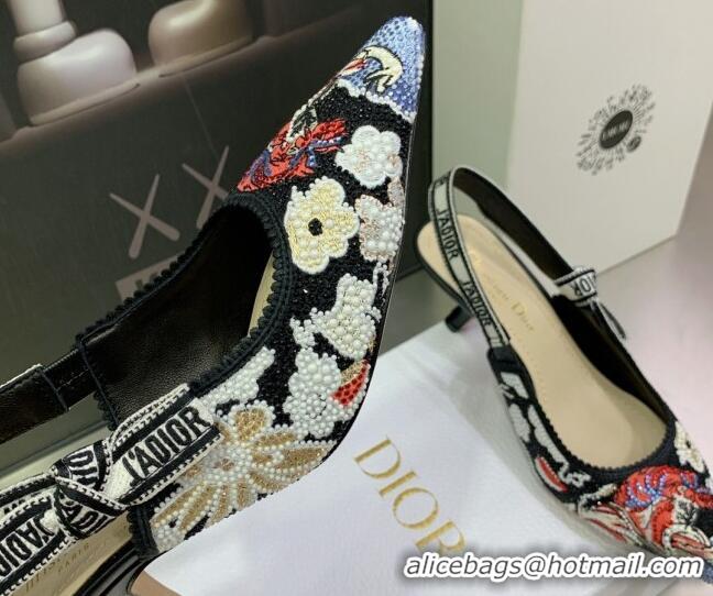 Best Grade Dior J'Adior Slingback Pumps 6.5cm in Black Multicolor Embroidered Cotton with Toile de Jouy Pop Motif 080963