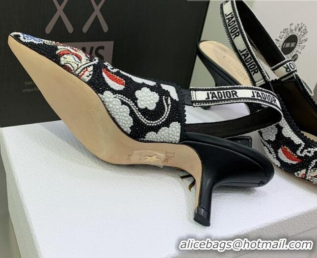 Best Grade Dior J'Adior Slingback Pumps 6.5cm in Black Multicolor Embroidered Cotton with Toile de Jouy Pop Motif 080963