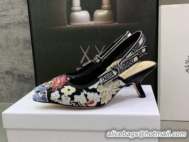 Best Grade Dior J'Adior Slingback Pumps 6.5cm in Black Multicolor Embroidered Cotton with Toile de Jouy Pop Motif 080963