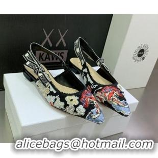 Lower Price Dior J'Adior Slingback Ballerina Flat in Black Multicolor Embroidered Cotton with Toile de Jouy Pop Motif 08