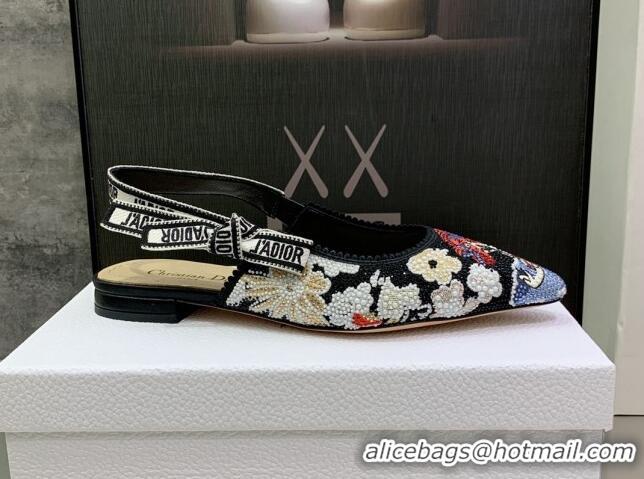 Lower Price Dior J'Adior Slingback Ballerina Flat in Black Multicolor Embroidered Cotton with Toile de Jouy Pop Motif 08