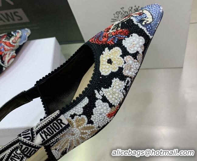 Lower Price Dior J'Adior Slingback Ballerina Flat in Black Multicolor Embroidered Cotton with Toile de Jouy Pop Motif 08