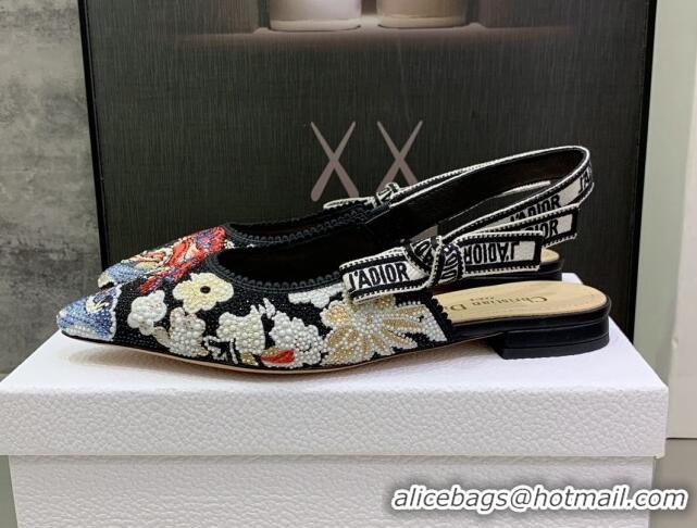 Lower Price Dior J'Adior Slingback Ballerina Flat in Black Multicolor Embroidered Cotton with Toile de Jouy Pop Motif 08